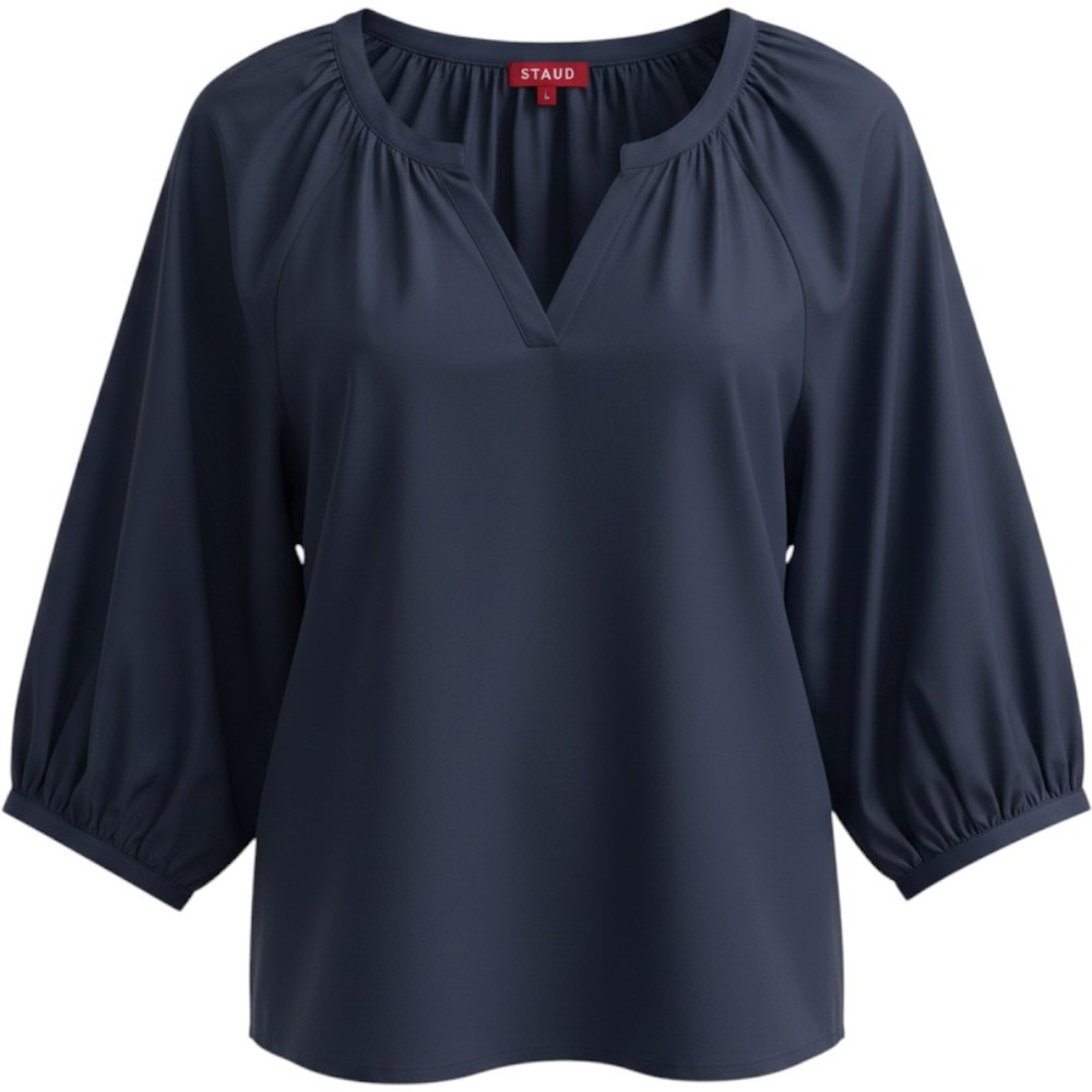 STAUD New Dill Top Navy Blue Split Neck Puff Sleeve Blouse 90-3220 NWT Large